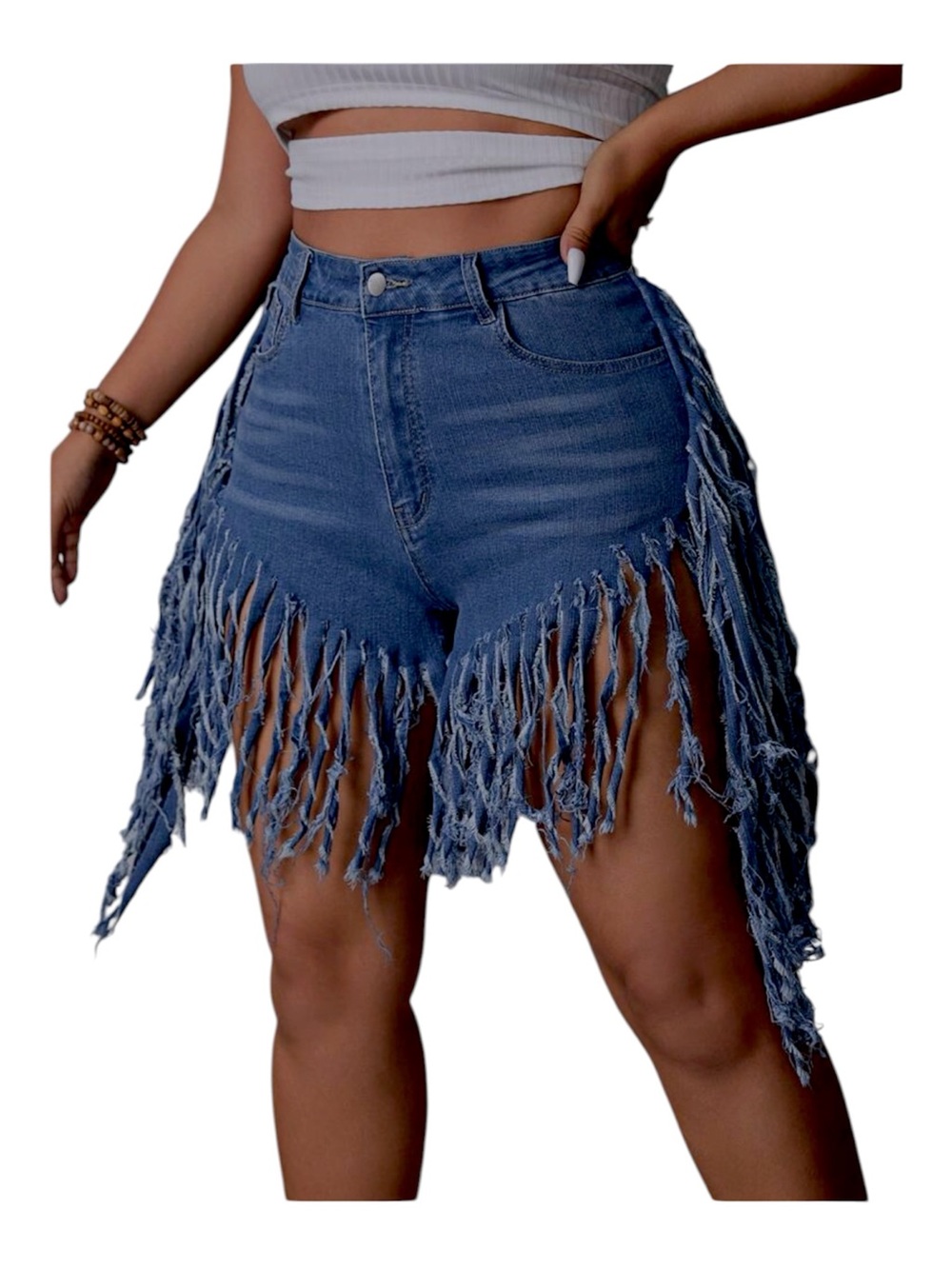 Plus Size Fringed High-Waist Denim Shorts - Blue